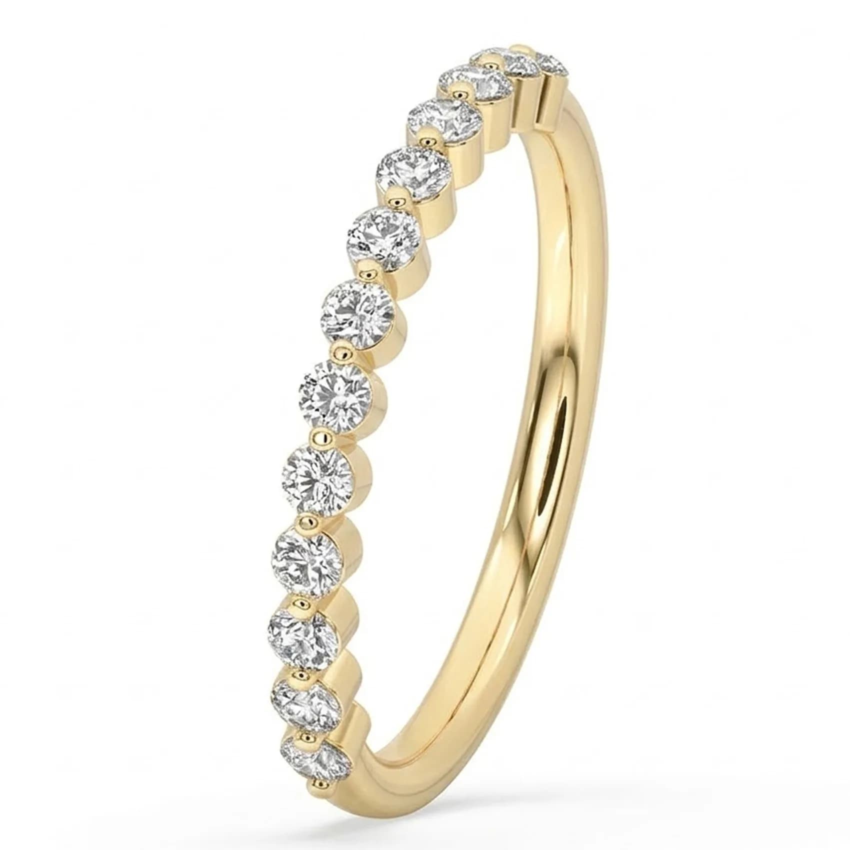 Angled view of the shared prong half eternity band in yellow gold