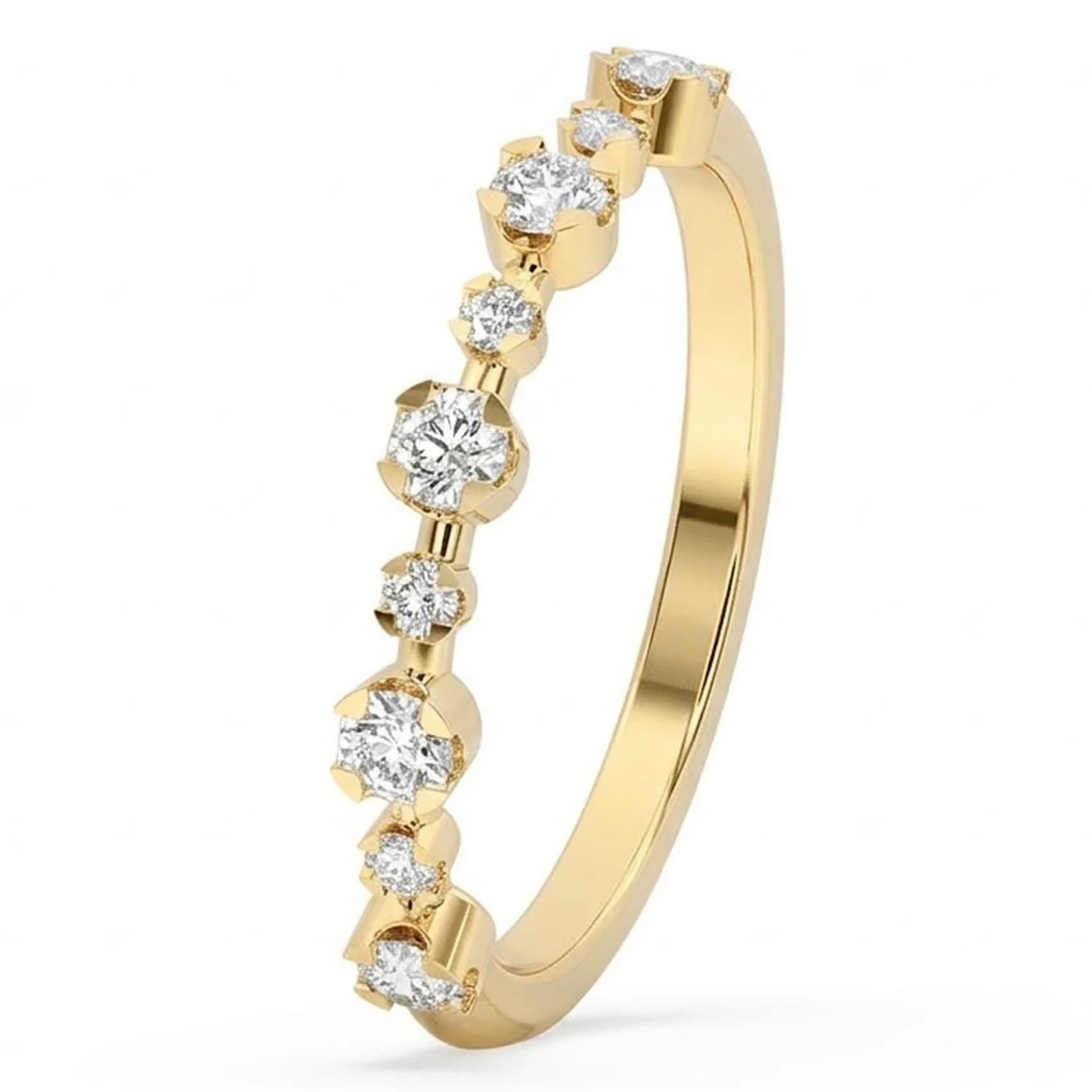 Angled view of the alternating size half eternity band in yellow gold