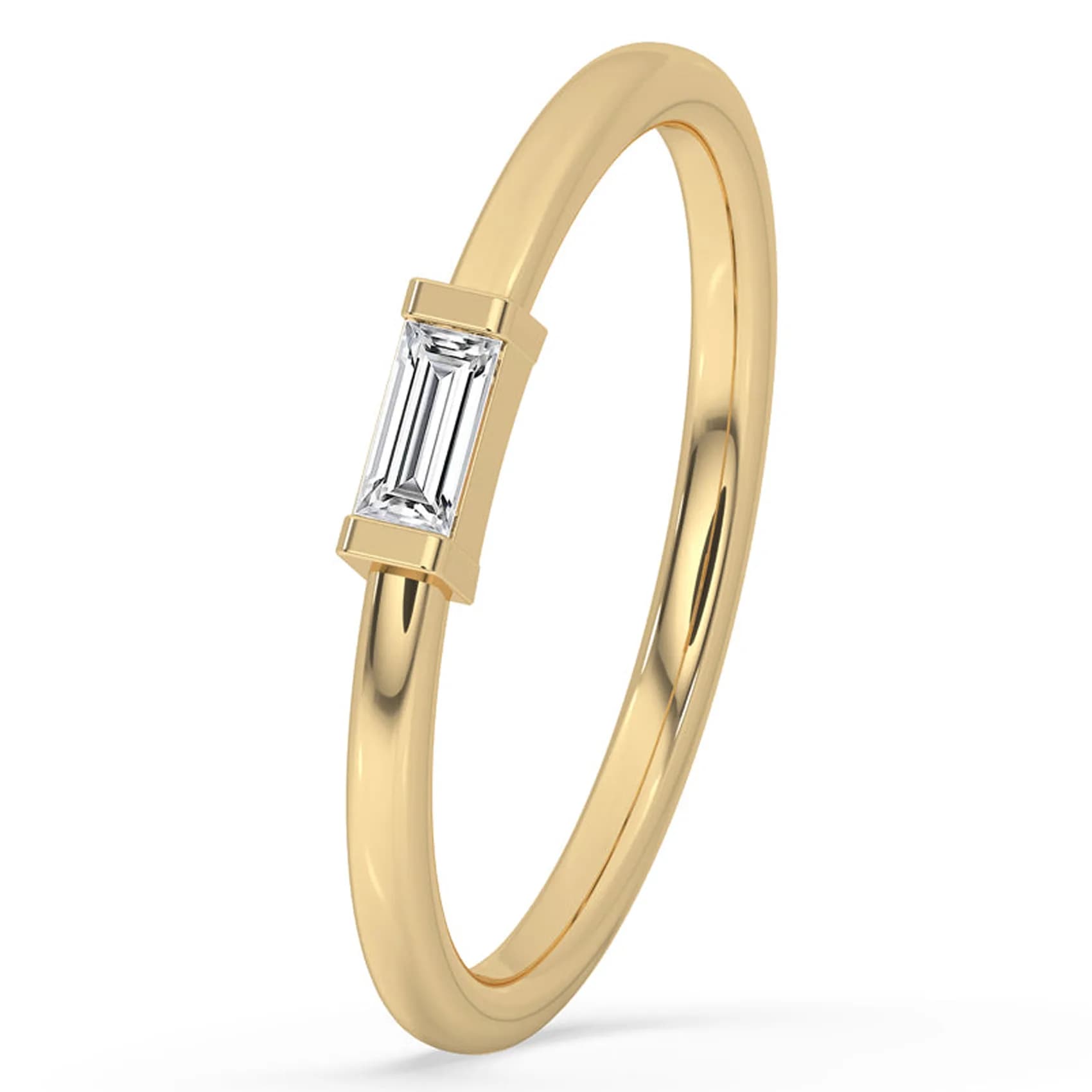 Angled view of the single baguette half bezel band in yellow gold