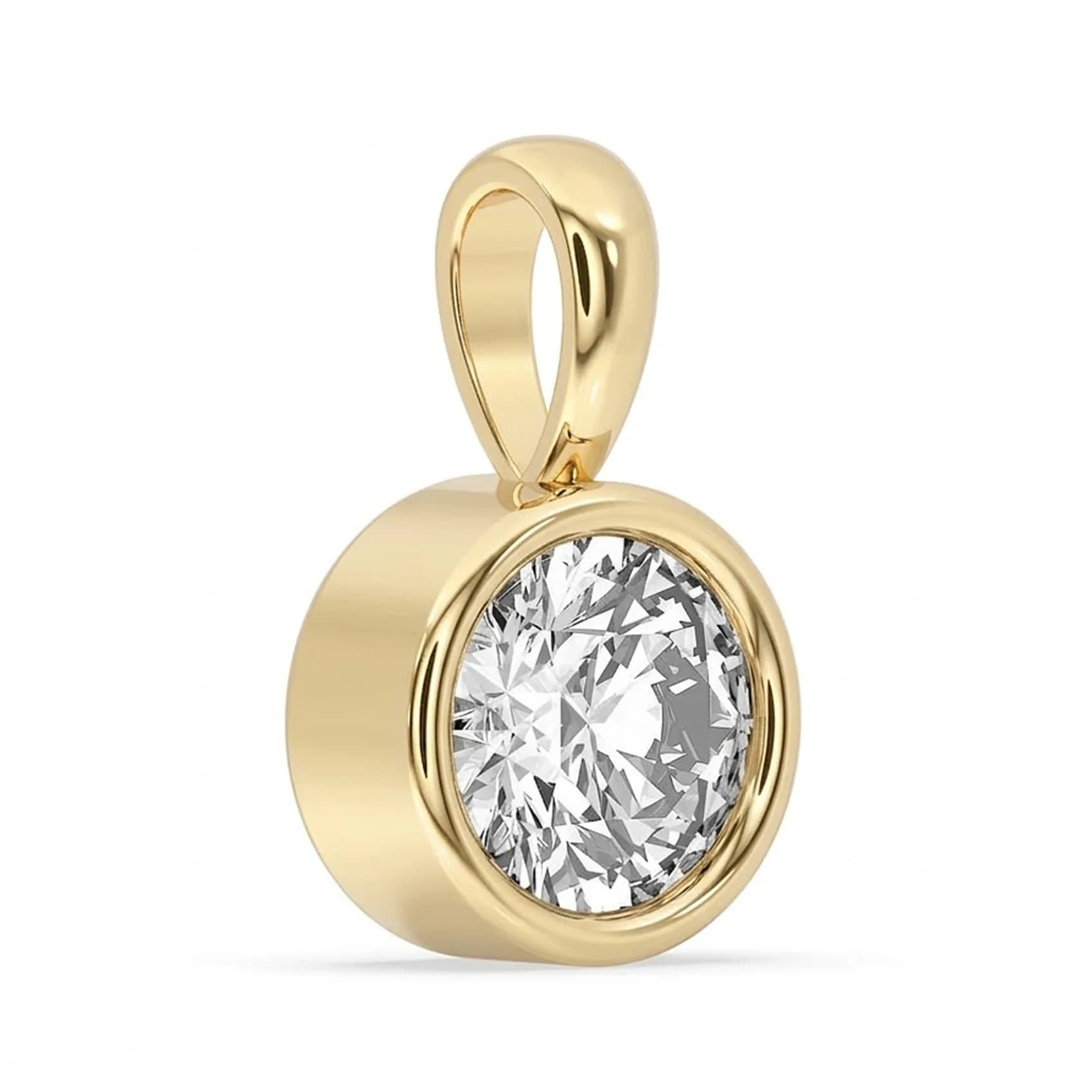 Angled view of the round lab grown diamond bezel pendant in yellow gold