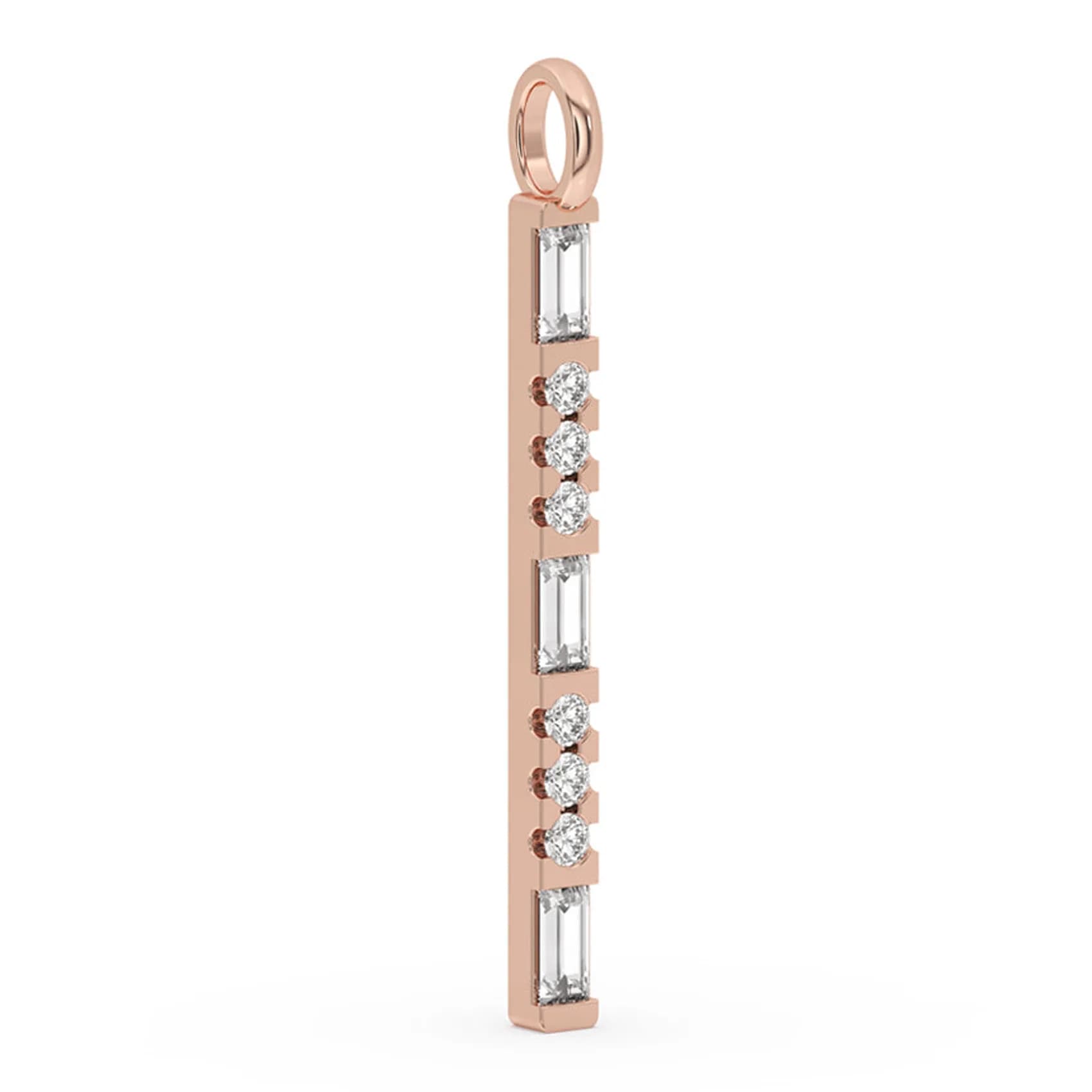 Angled view of the baguette and round lab grown diamond vertical bar pendant in rose gold