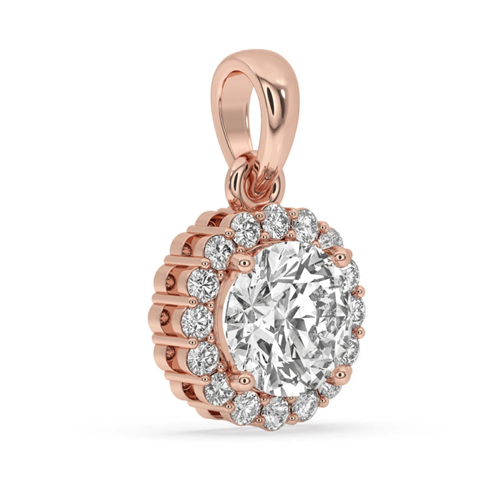 Angled view of the round lab grown diamond halo pendant in rose gold